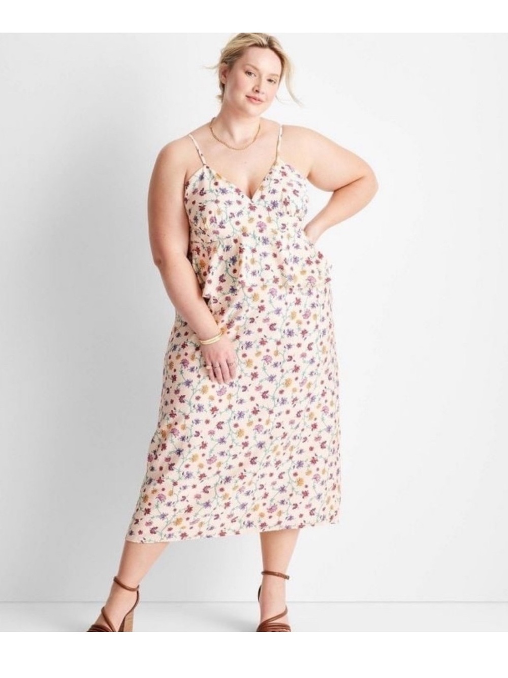 Floral Slip Maxi Dress in Cream with Pink and Purple Bloom